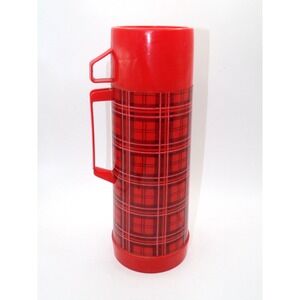 Vintage Red & Black Plaid Large 12" Quart Aladdin Thermos - Cup #243